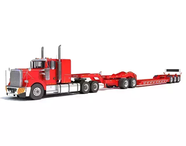 Semi Truck with Lowboy Trailer 3D model