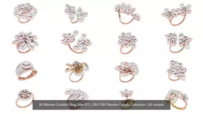 26 Women Cocktail Ring 3dm STL OBJ FBX Render Details Collection