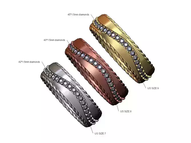 Curved diamond line rope sides band US sizes 7 8 9 3D print model