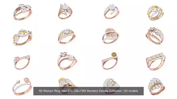 50 Women Ring 3dm STL OBJ FBX Renders Details Collection