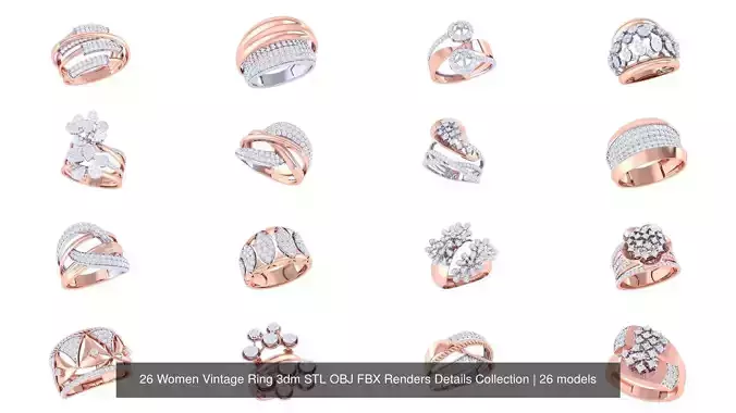 26 Women Vintage Ring 3dm STL OBJ FBX Renders Details Collection