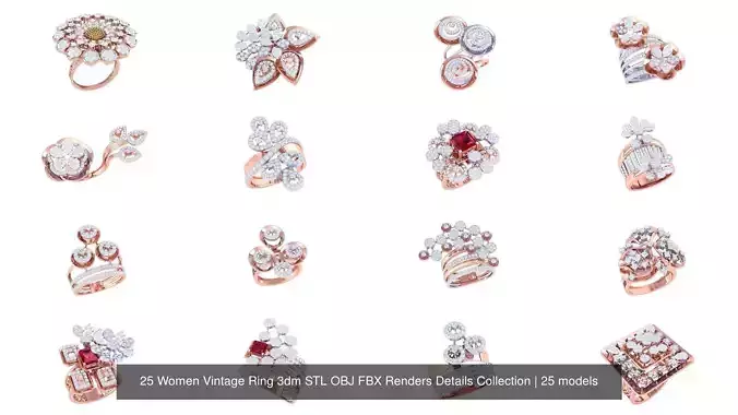 25 Women Vintage Ring 3dm STL OBJ FBX Renders Details Collection
