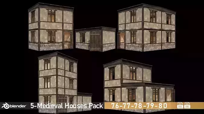 Medieval Houses Pack 76-77-78-79-80 - 4K Textures Game Ready Low-poly 3D model