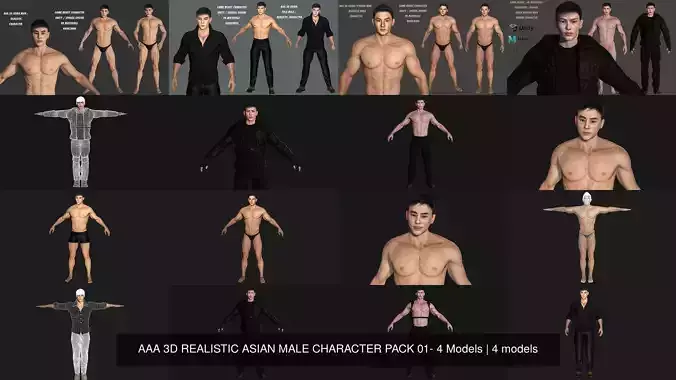 AAA 3D REALISTIC ASIAN MALE CHARACTER PACK 01- 4 Models