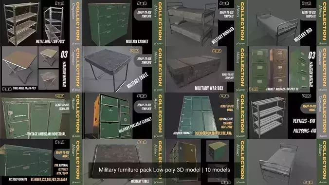 Military furniture pack Low-poly 3D model 3D Model Collection