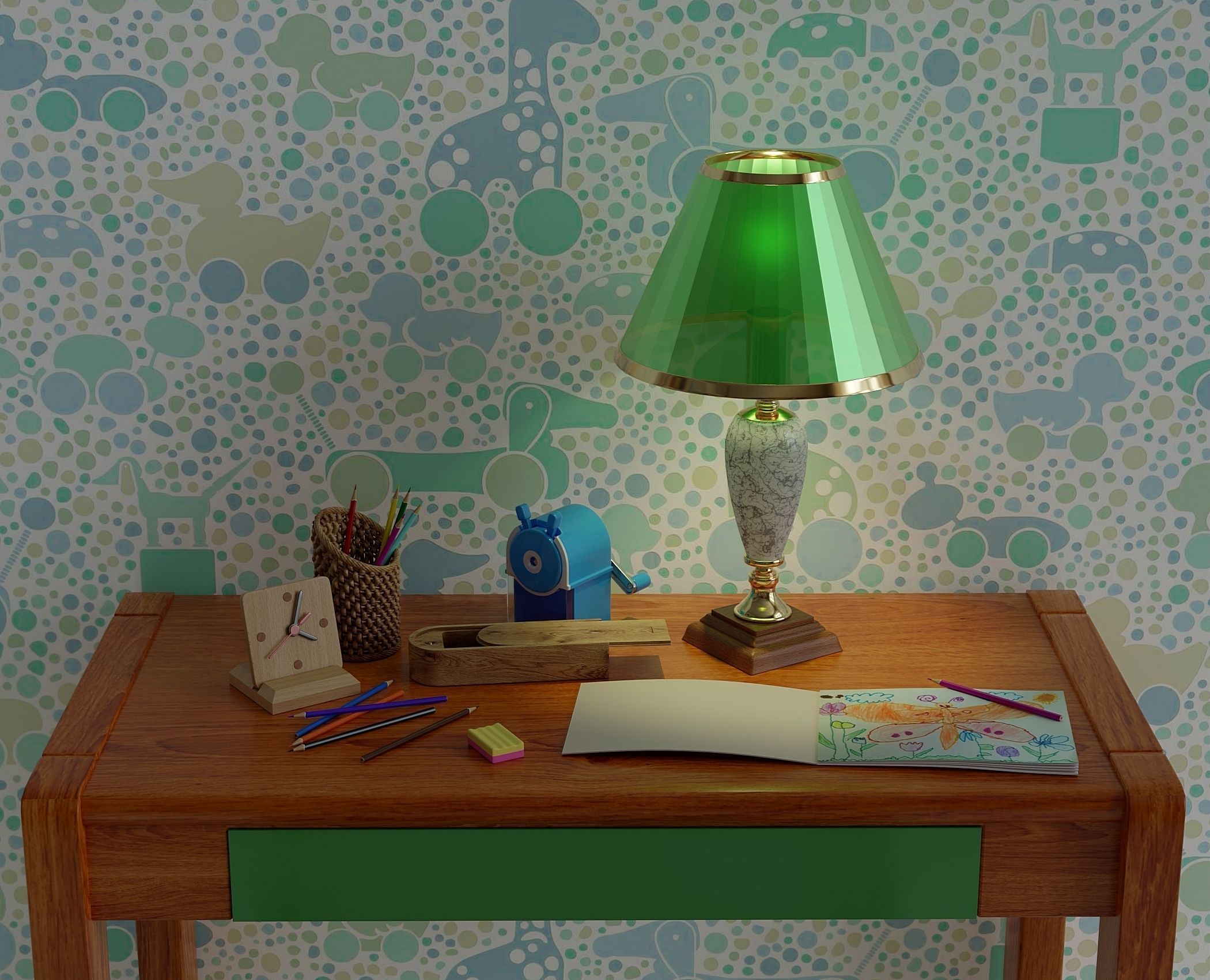 Childrens table with drawing supplies 3D model_1