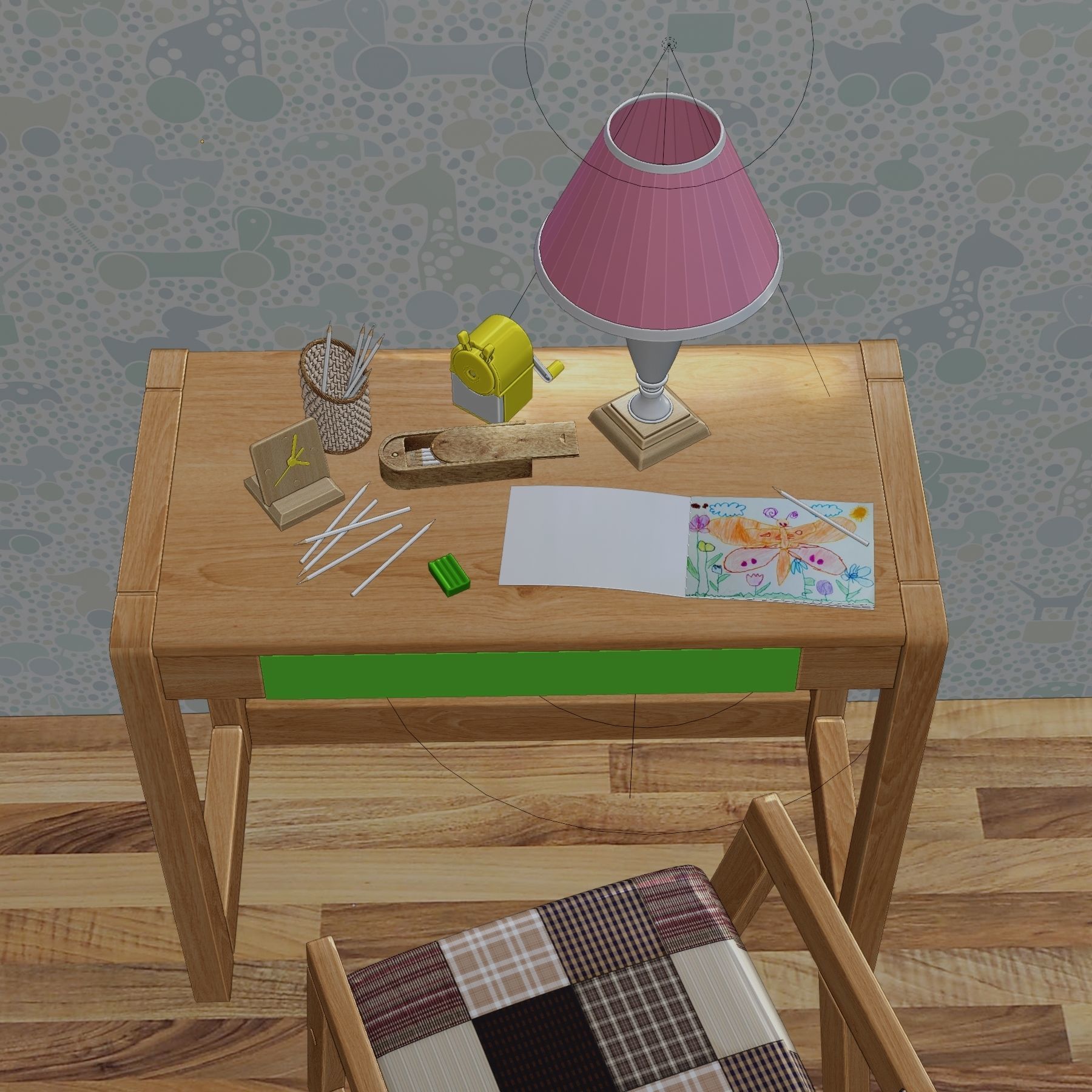 Childrens table with drawing supplies 3D model_4