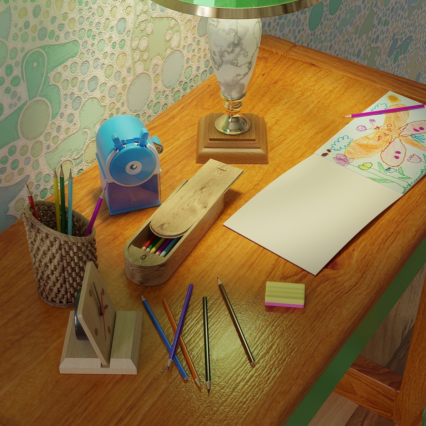 Childrens table with drawing supplies 3D model_2