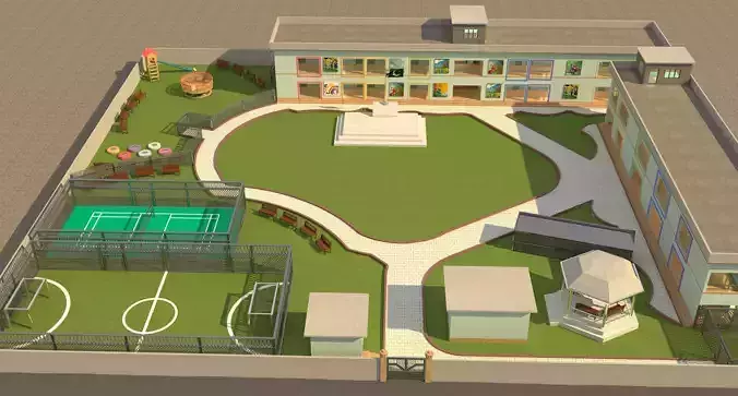3D MODEL SCHOOL  WITH SPORTS COMPLEX   Low-poly 3D model