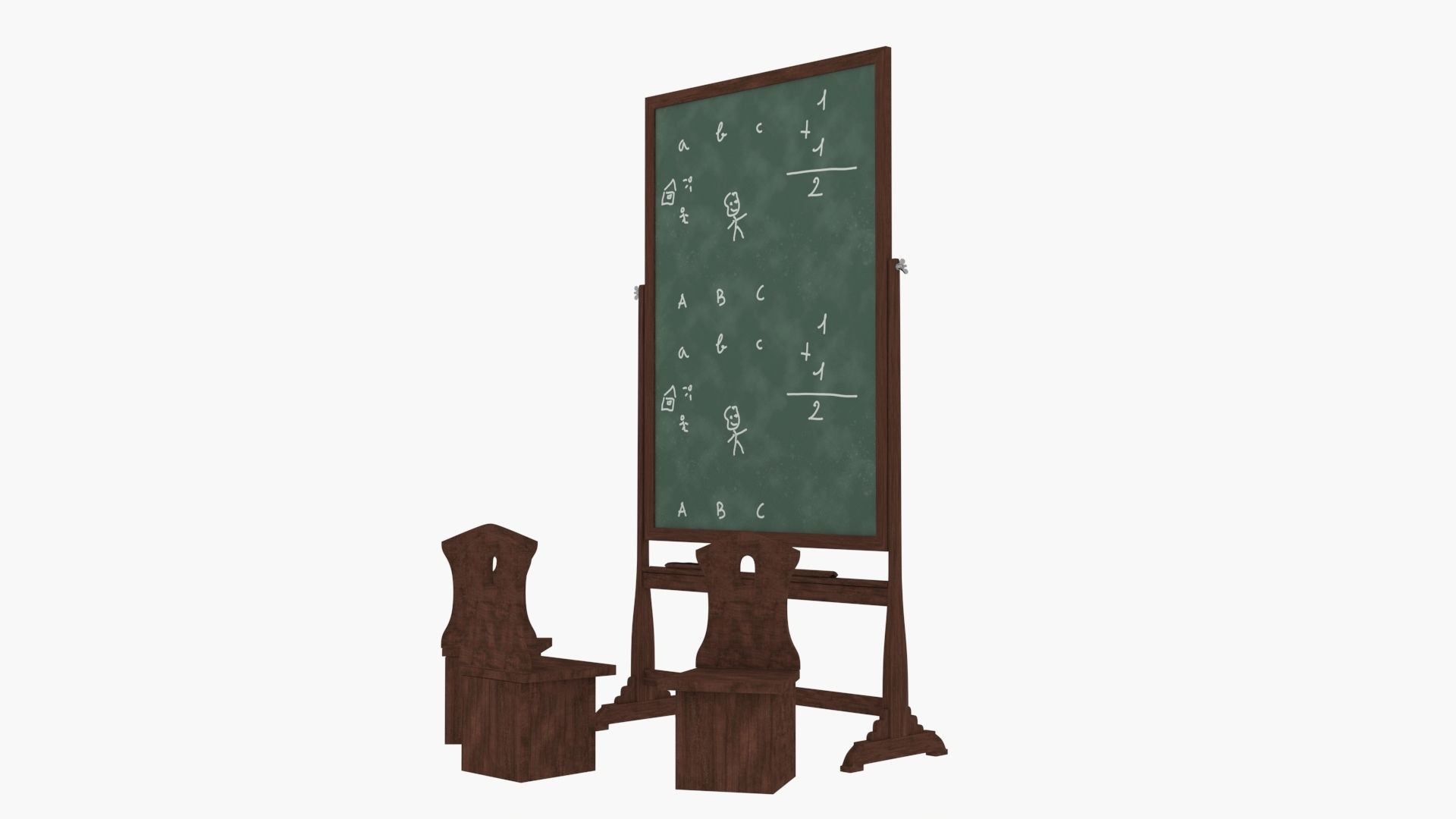Old wood blackboard and chairs 3D model_1