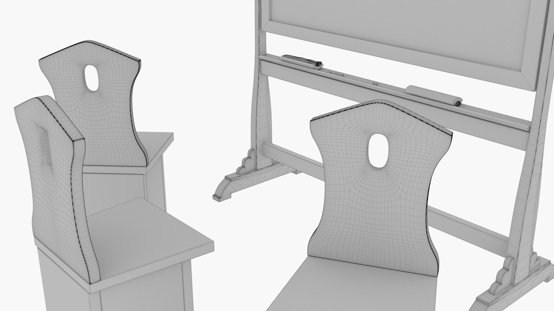 Old wood blackboard and chairs 3D model_24