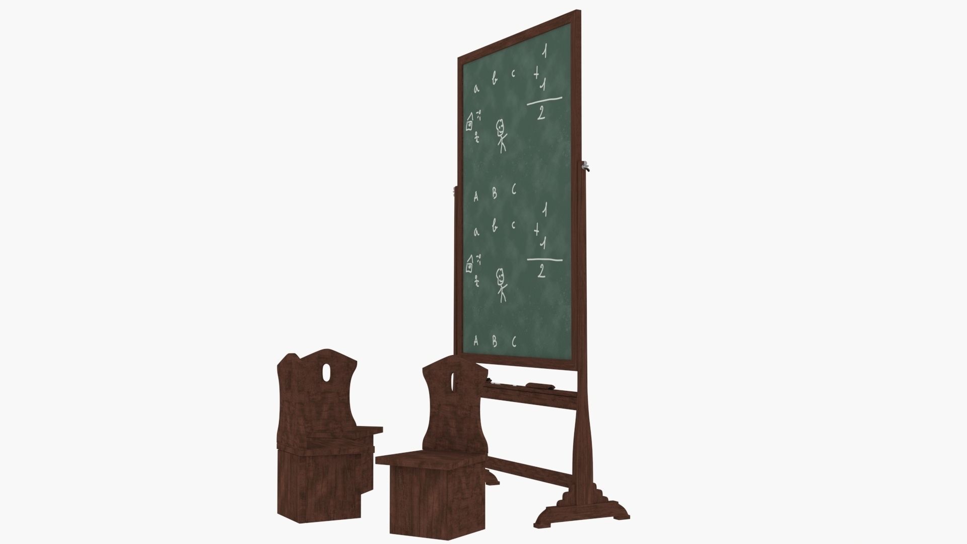 Old wood blackboard and chairs 3D model_7