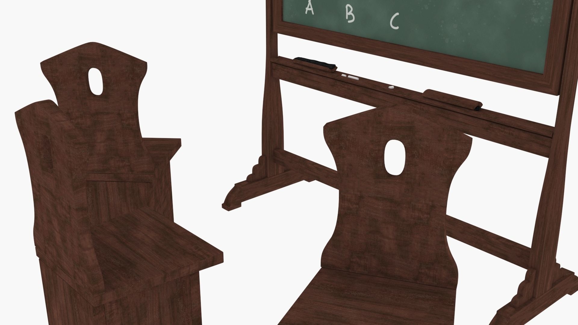 Old wood blackboard and chairs 3D model_6