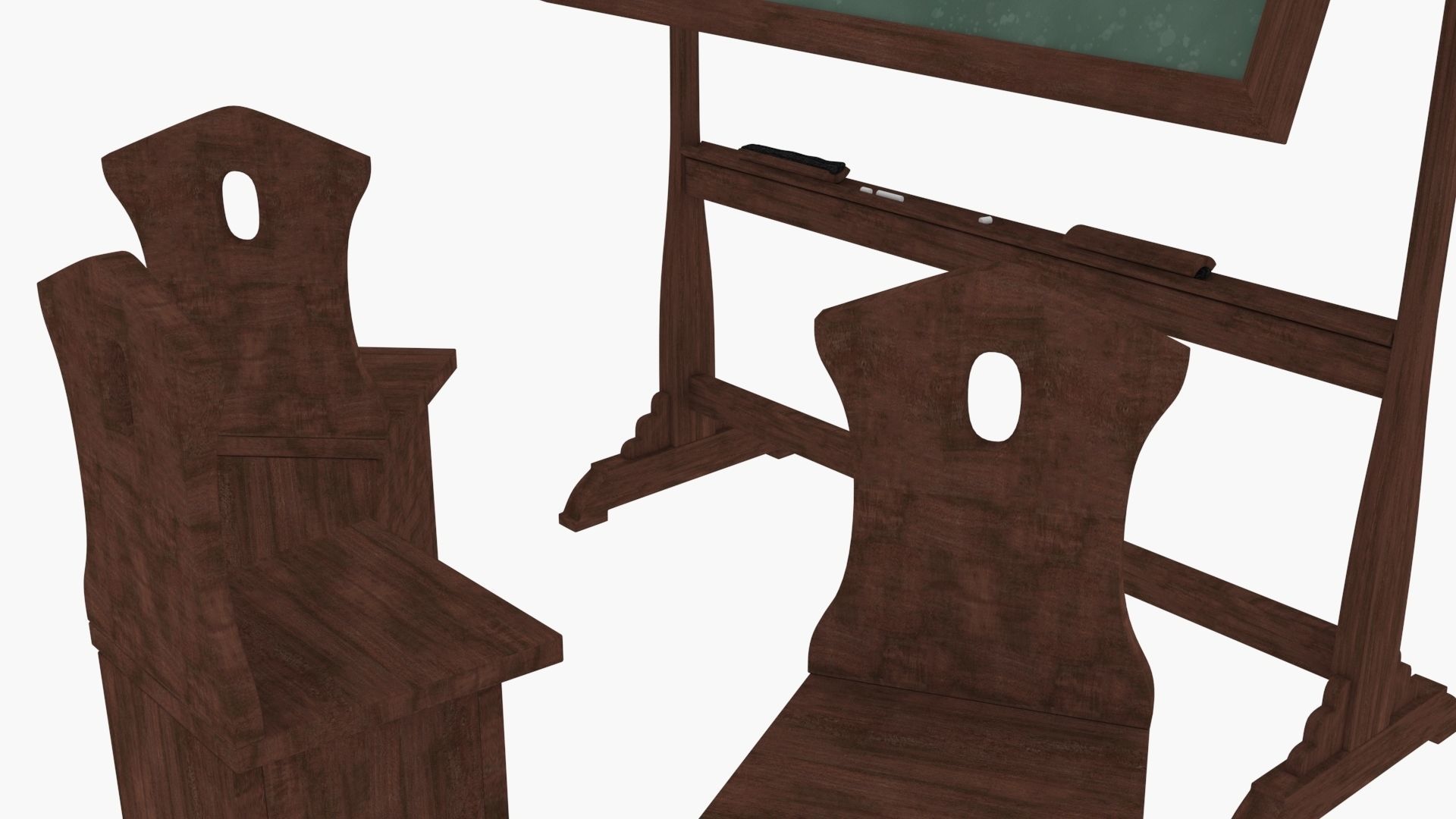 Old wood blackboard and chairs 3D model_11