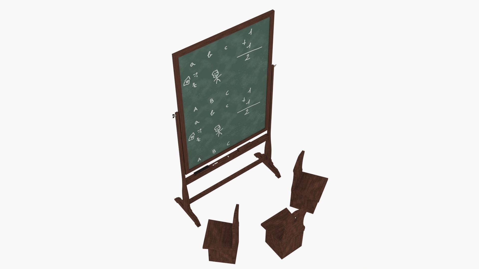 Old wood blackboard and chairs 3D model_5