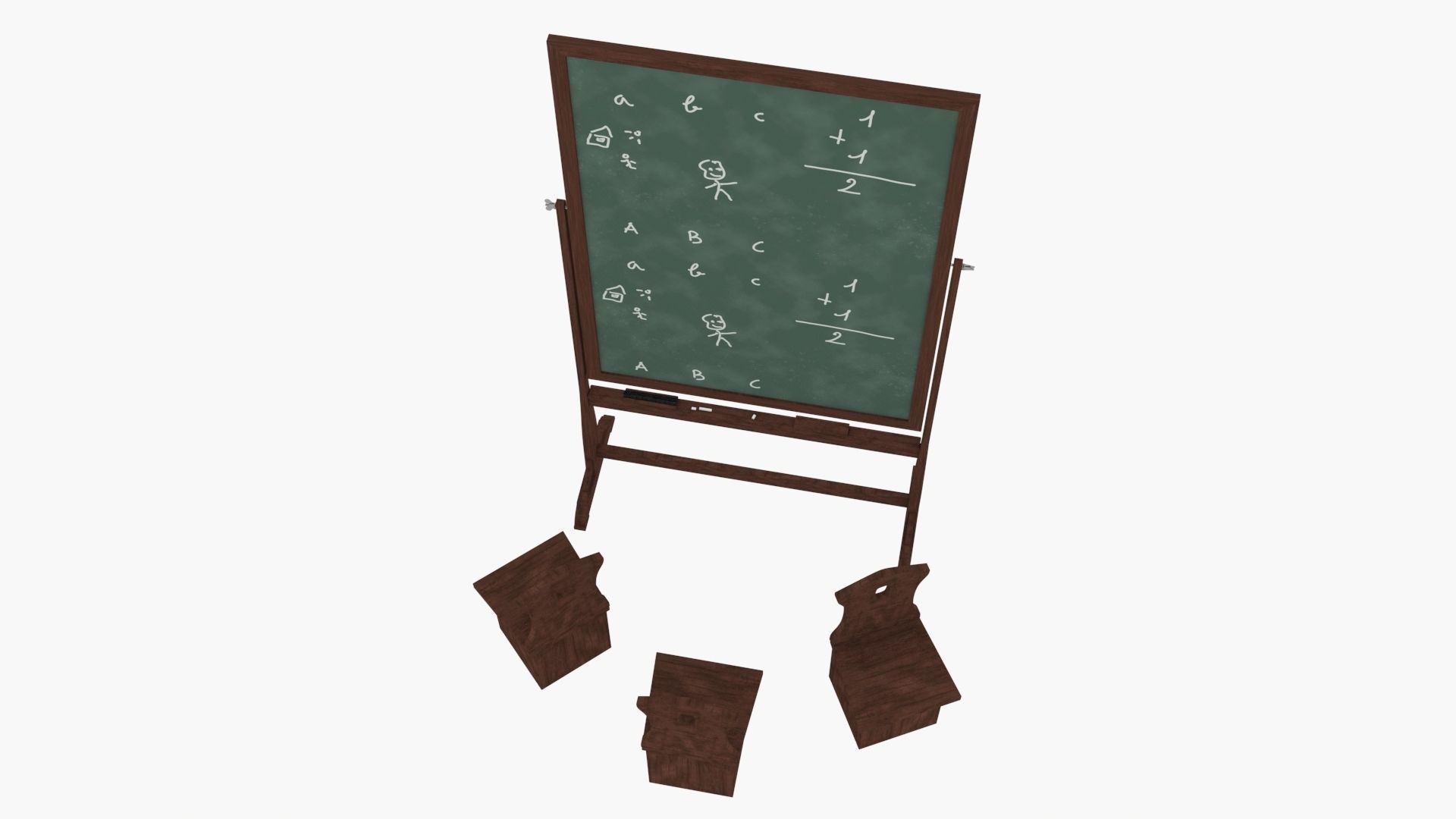 Old wood blackboard and chairs 3D model_3