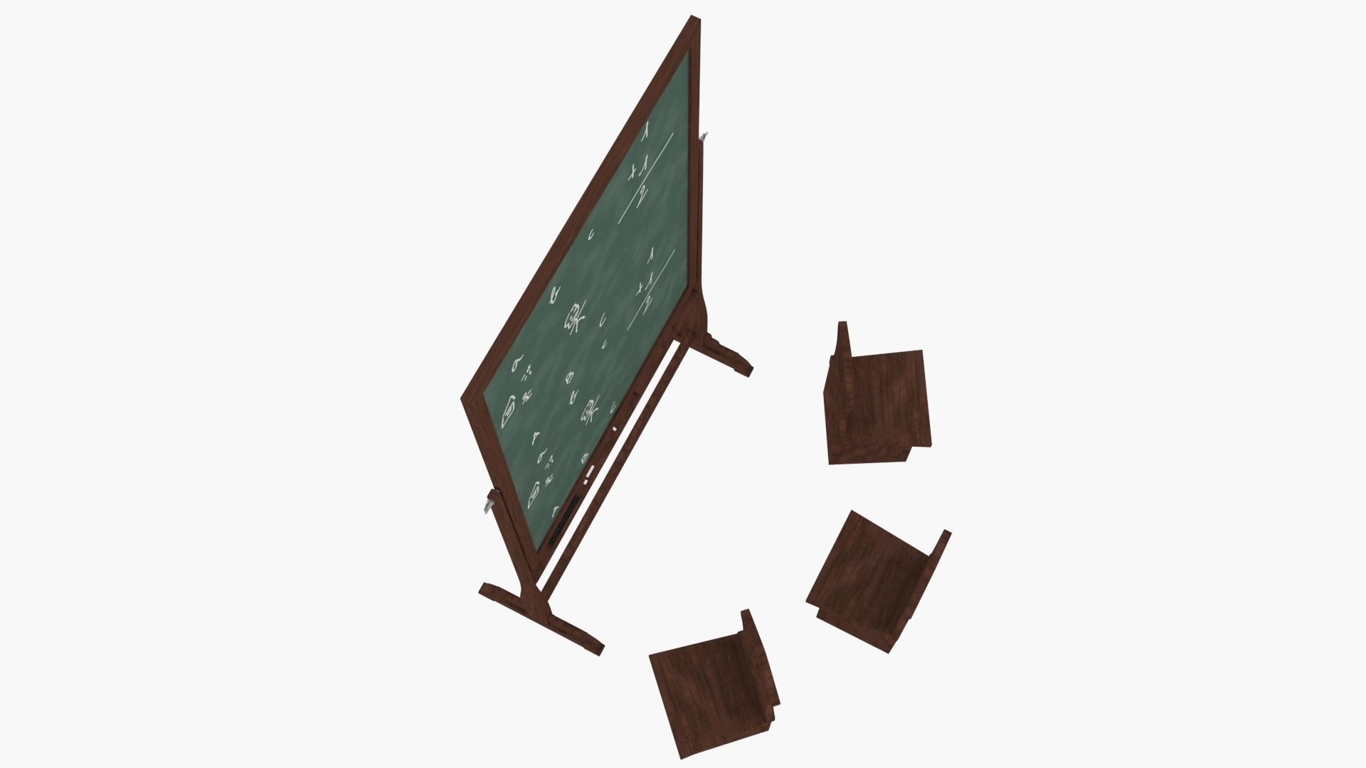 Old wood blackboard and chairs 3D model_8