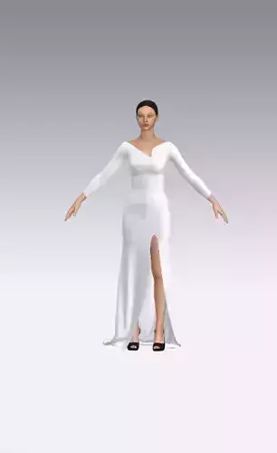 dress white color neckline  long slevee dress slit skirt detail