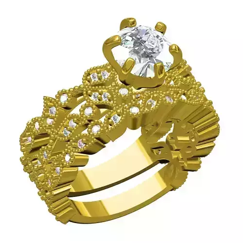 Antique Floral Design Solitaire Ring with Band