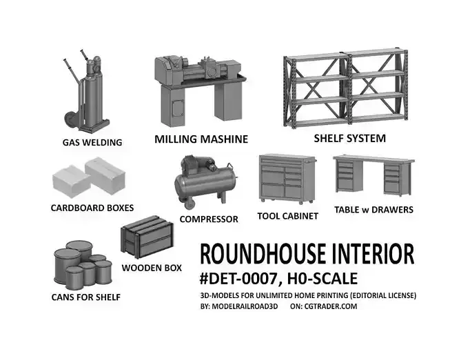 DET-0007 Roundhouse interior set of 17 items H0-scale 3D print model