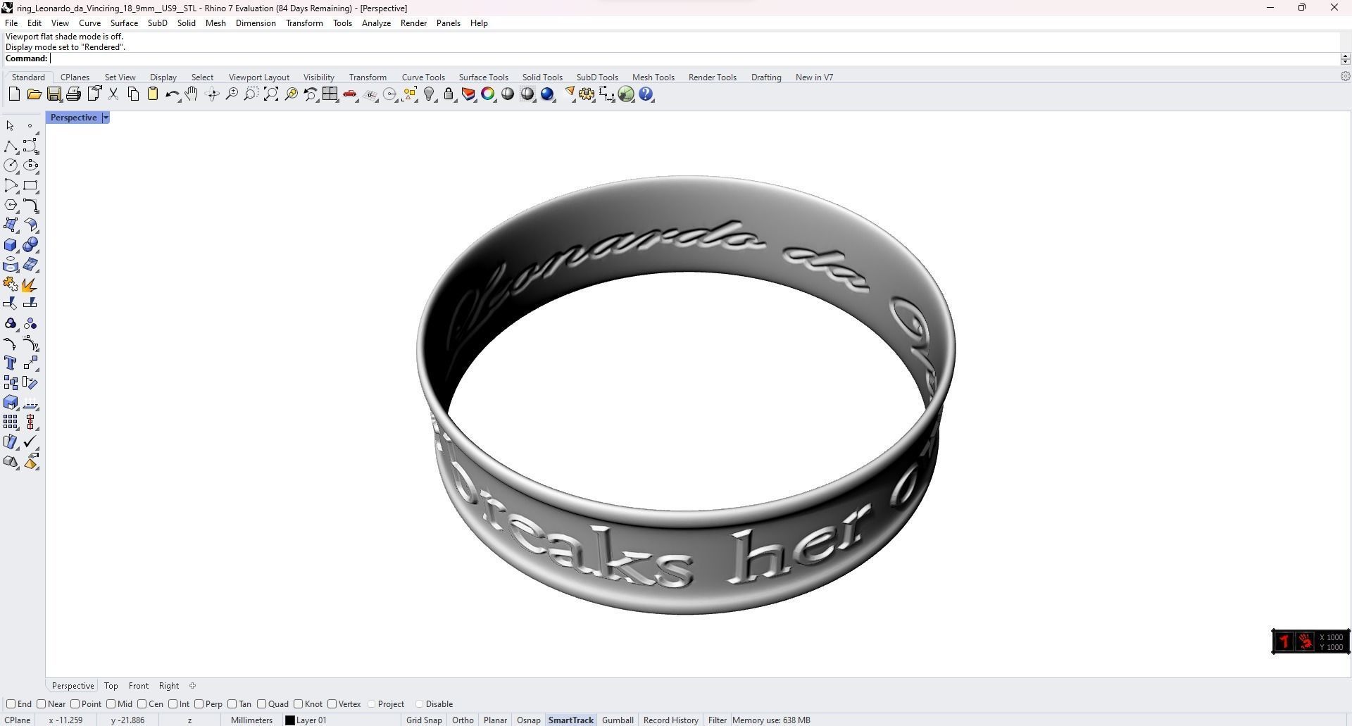 Leonardo da Vinci phrase ring STL 3D model for 3D printing 3D print model_8