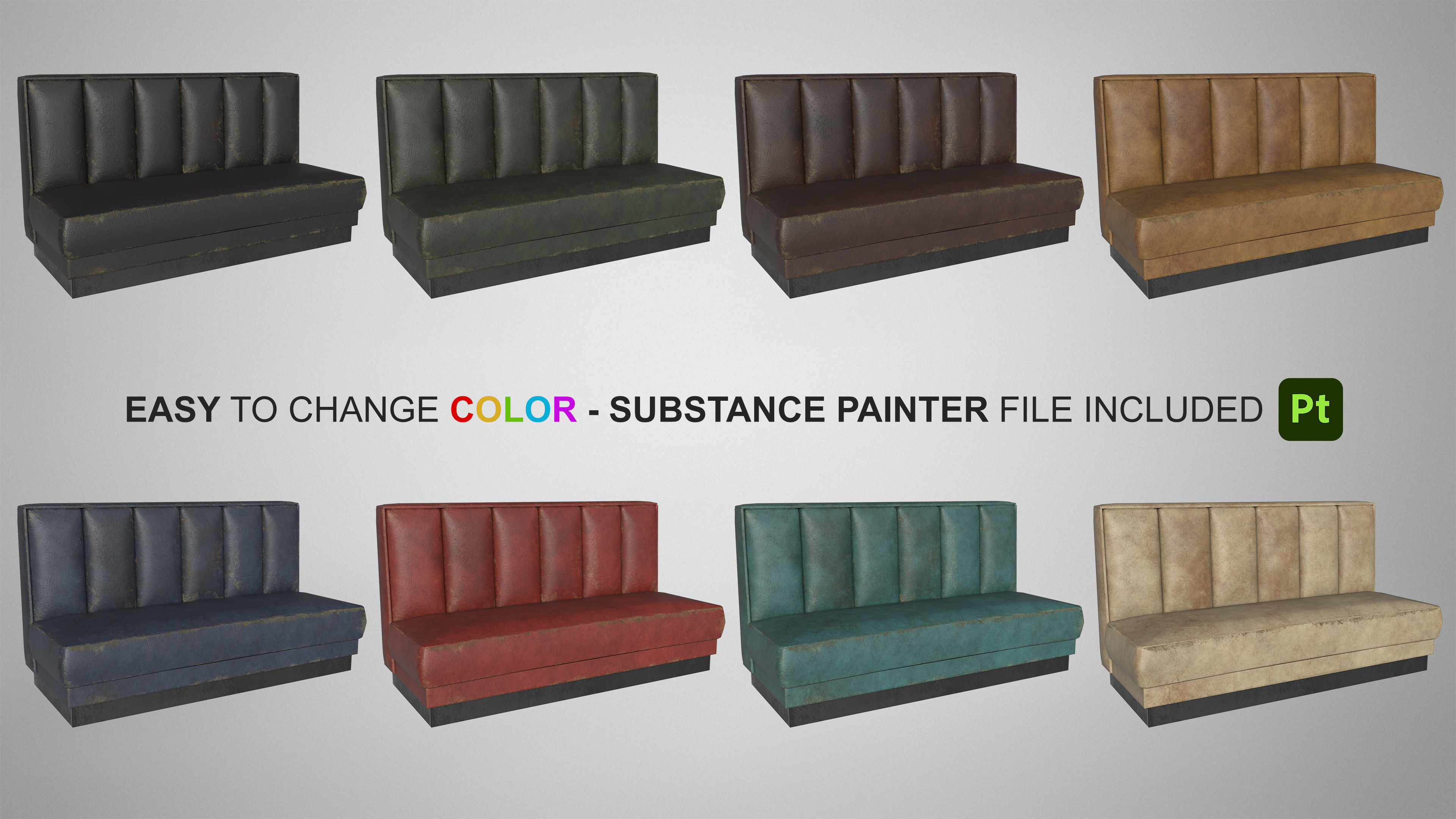 Old Diner Sofa - Retro Restaurant Leather Banquette Booth Low-poly 3D model_4