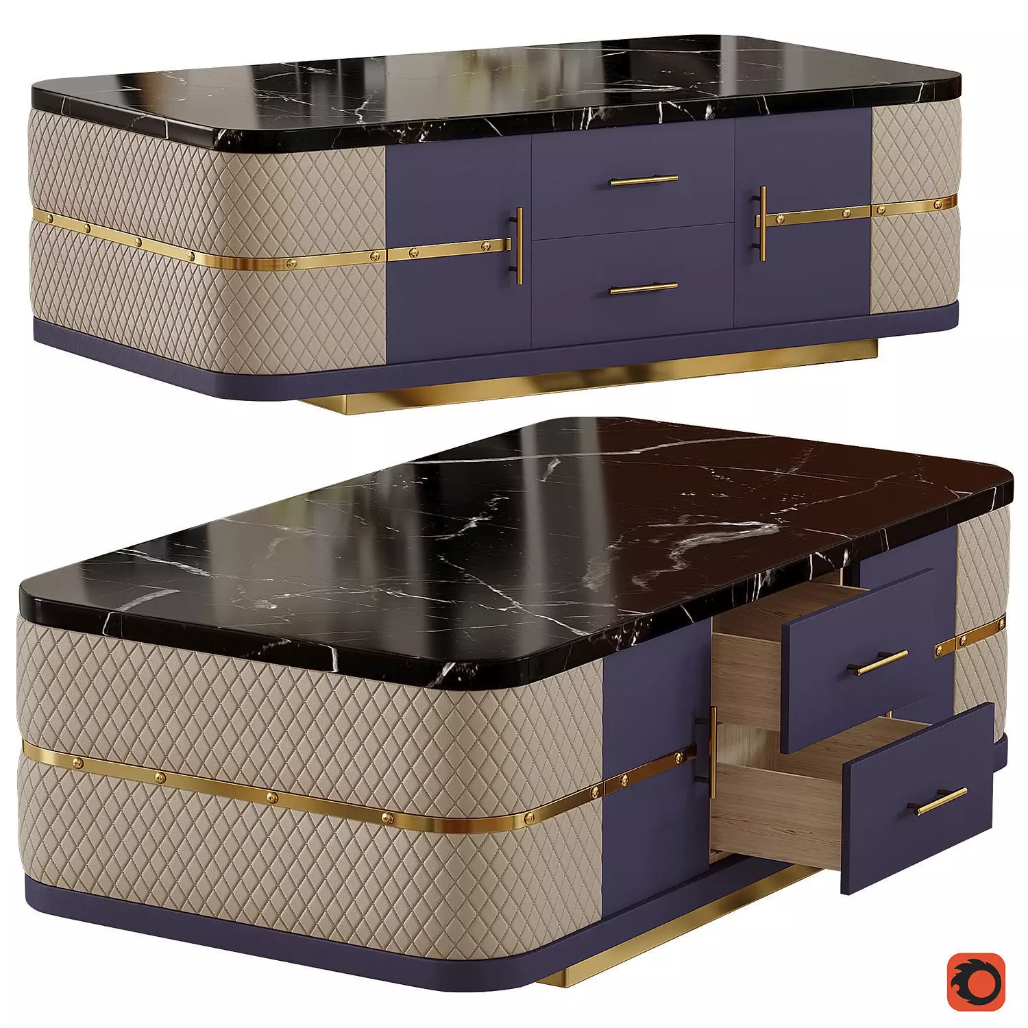 Modern Marble Coffee Table with Storage in Black 3D model_0
