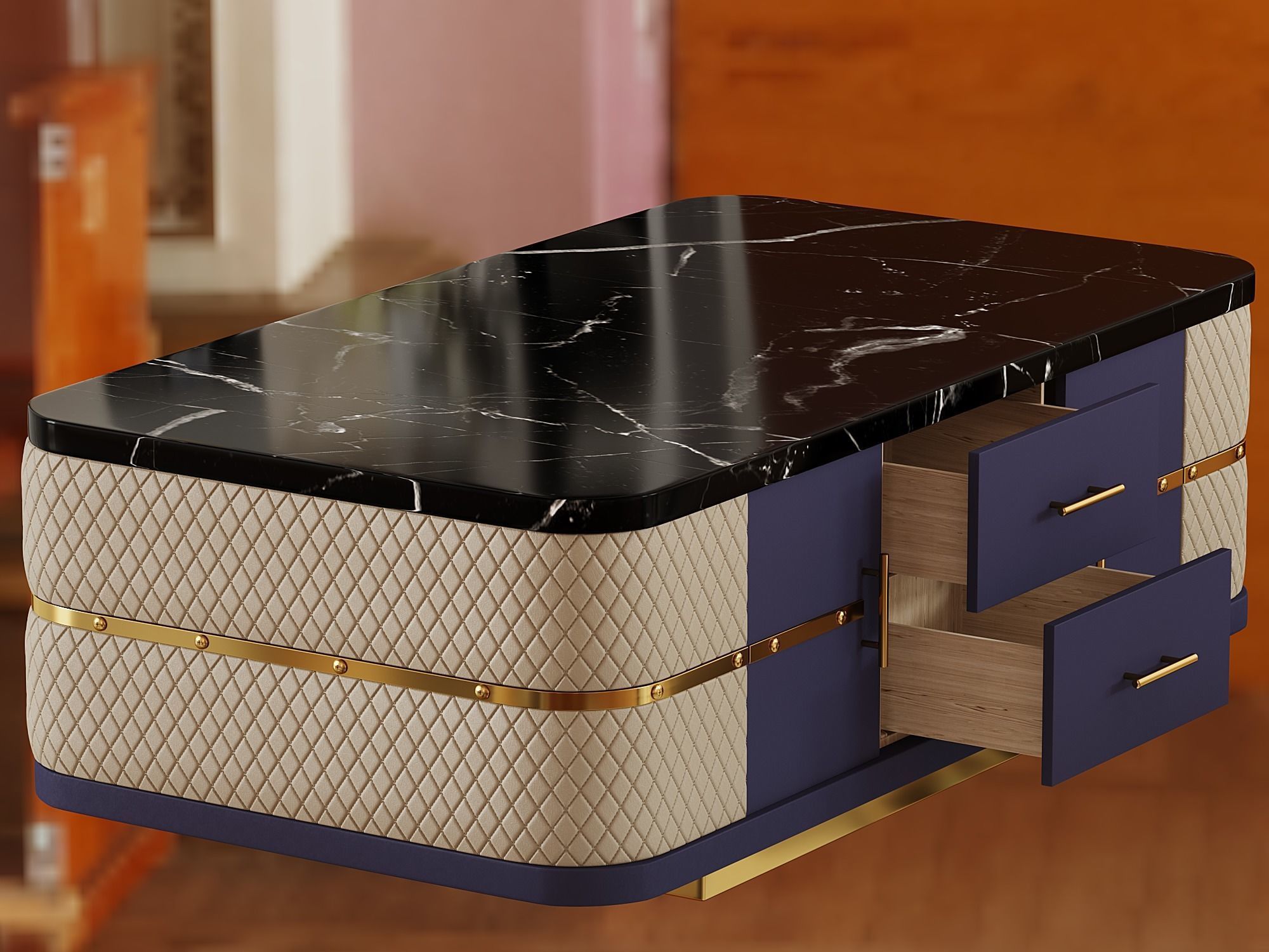 Modern Marble Coffee Table with Storage in Black 3D model_5