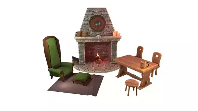 Medieval fantasy tavern fireplace lowpoly stylized asset 