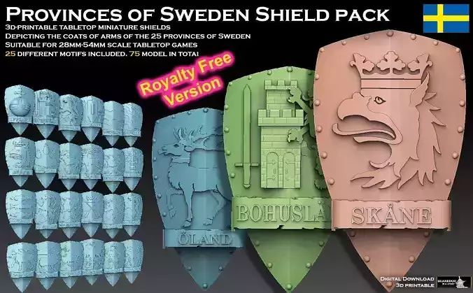 Provinces of Sweden Shield Pack ROYALTY FREE VERSION 3D print model