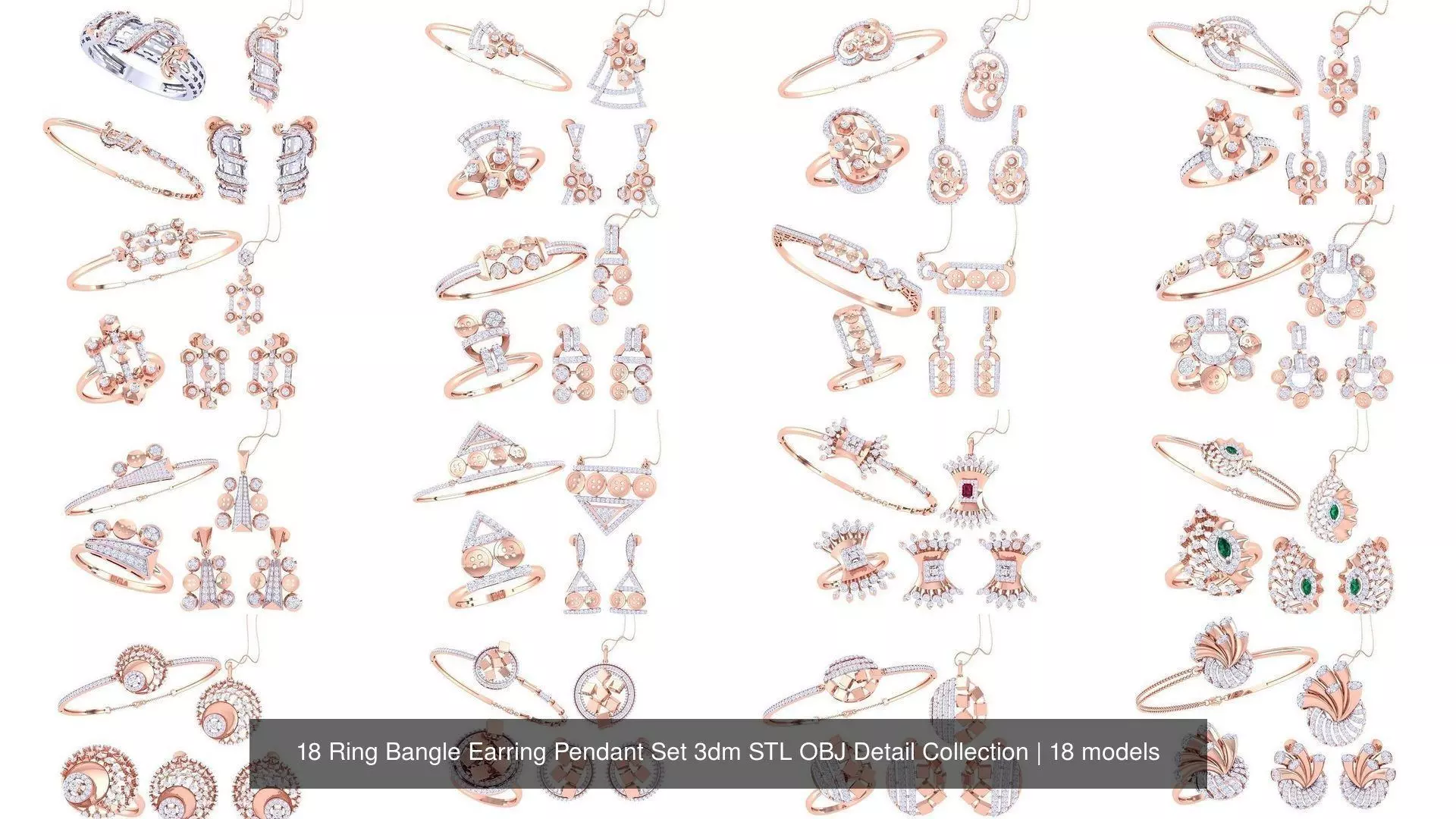 18 Ring Bangle Earring Pendant Set 3dm STL OBJ Detail Collection _0