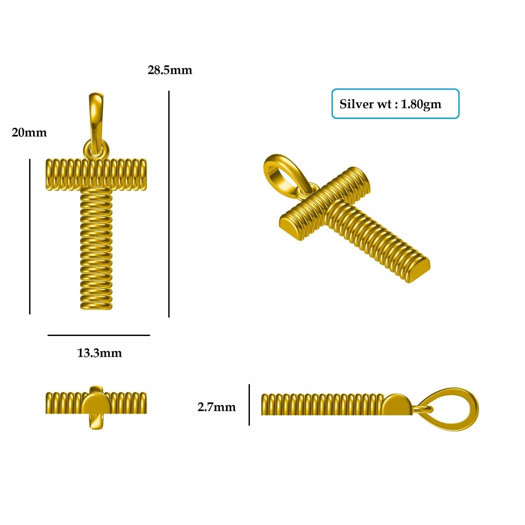 T Pendant gold plated sterling silver cross 3D print model_0