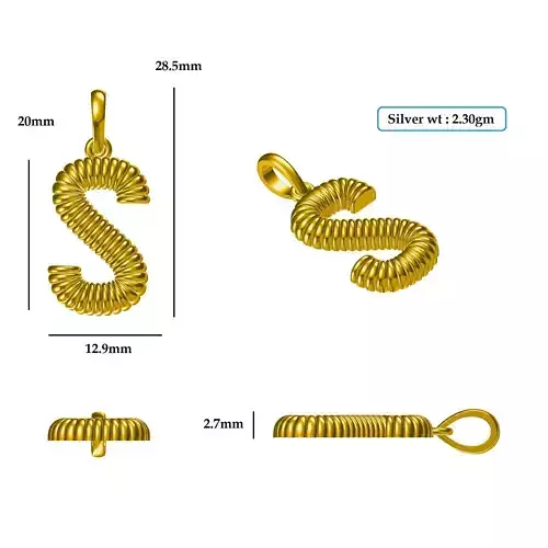 S Pendant gold plated letter with hook and chain 3D print model