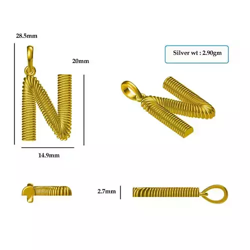 N Pendant gold letter with hook and chain 3D print model