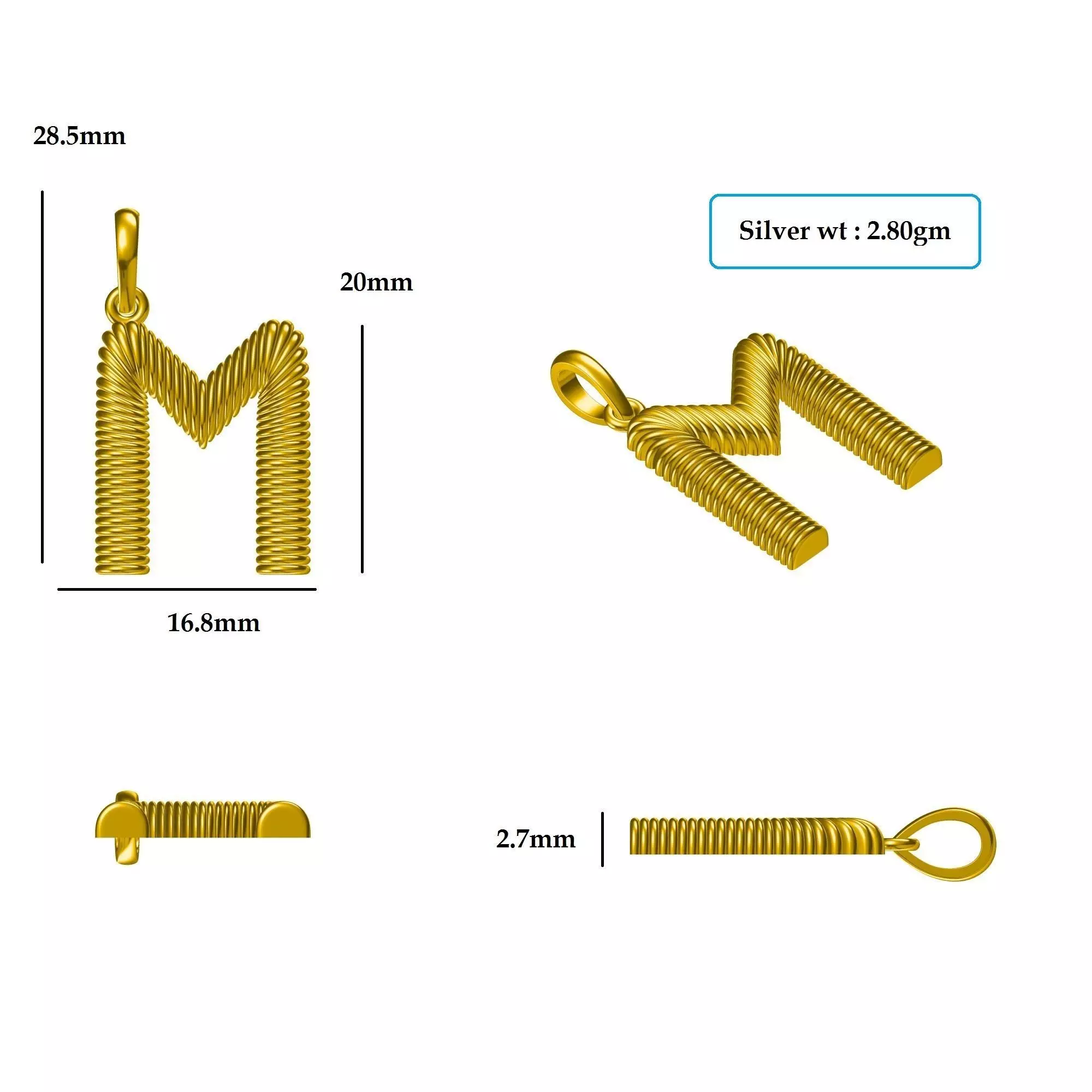 M Pendant gold plated letter charm 3D print model_0
