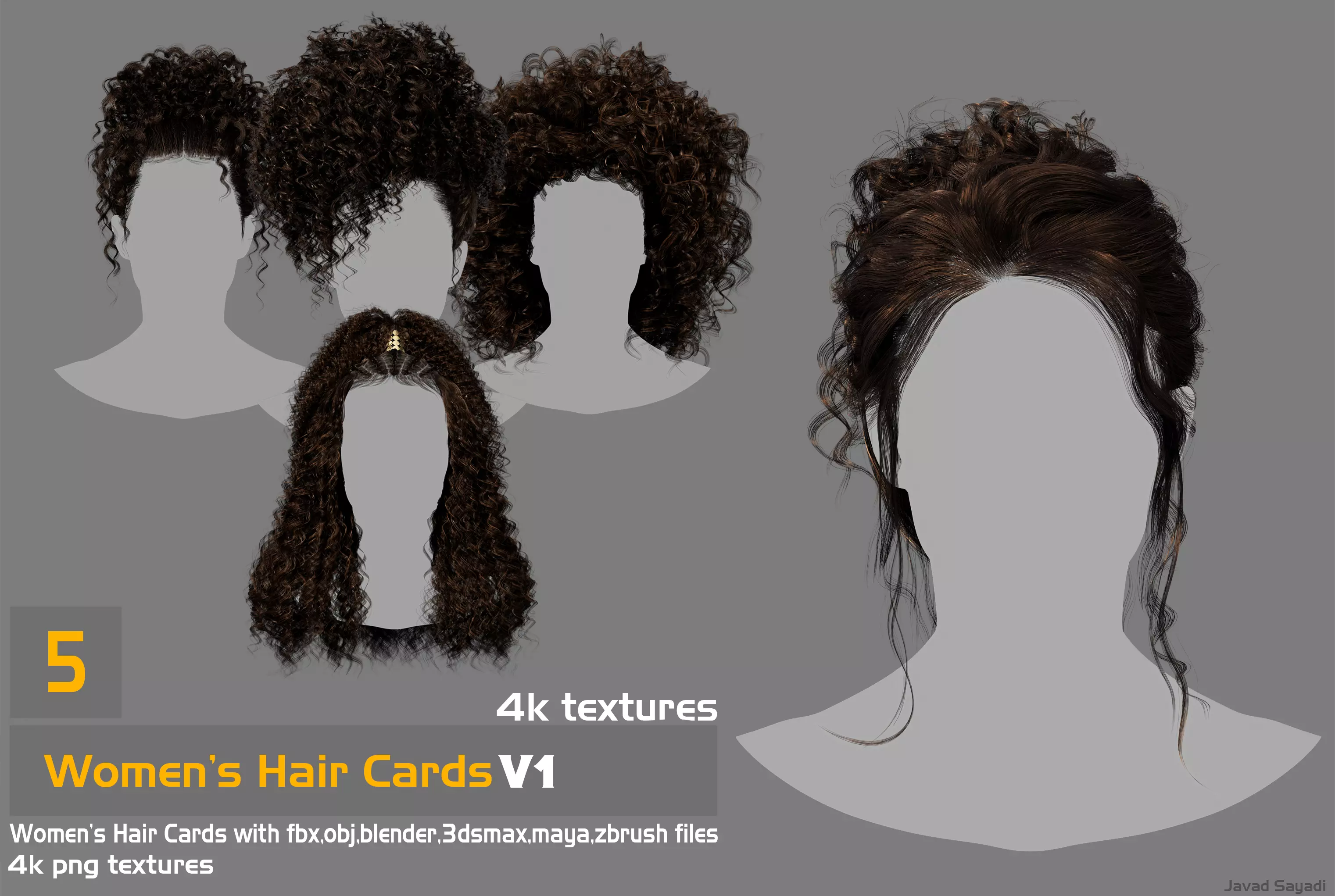 5 women s hair cards for games Low-poly 3D model