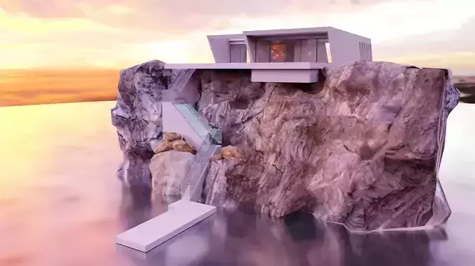 House on the cliff with pool Low-poly 3D model