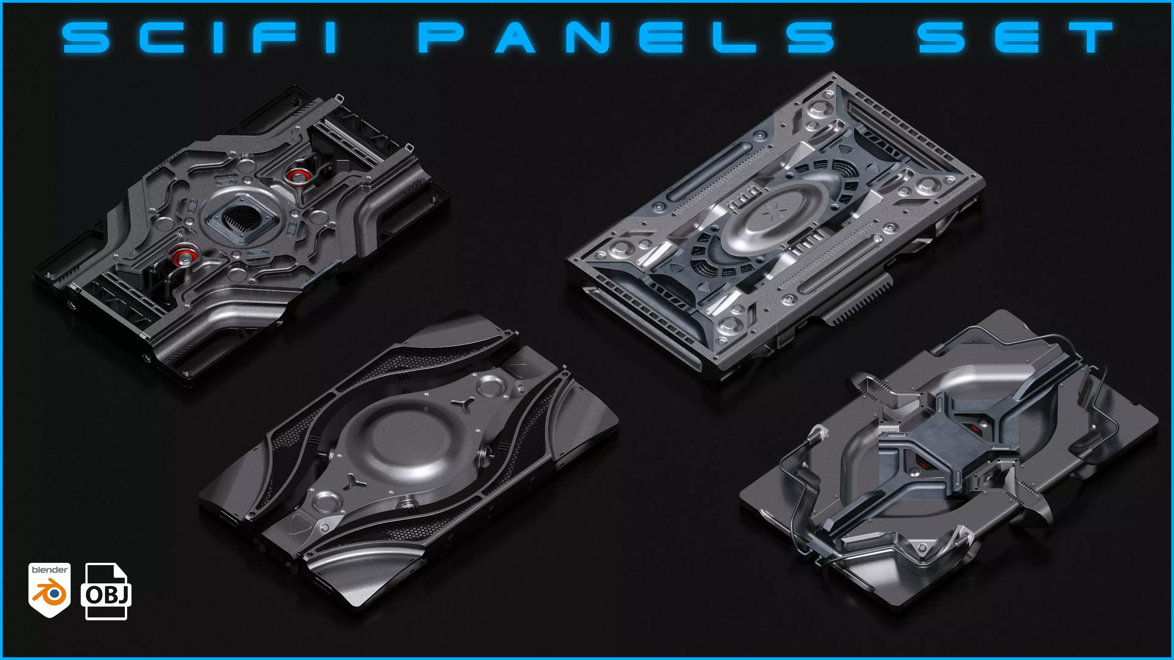 4 SciFi Panels set 3D model_0
