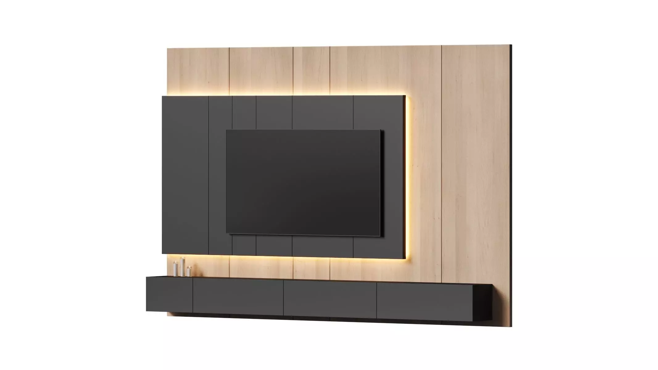 Tv set 2 modern unit with wood and led lights 3D model_0