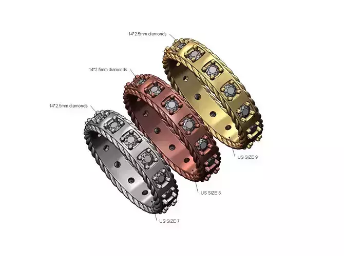 Diamond rope sides band US sizes 7 8 9