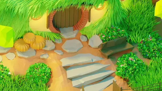 Cartoonish Jungle Hut 3D Scene with Pathway