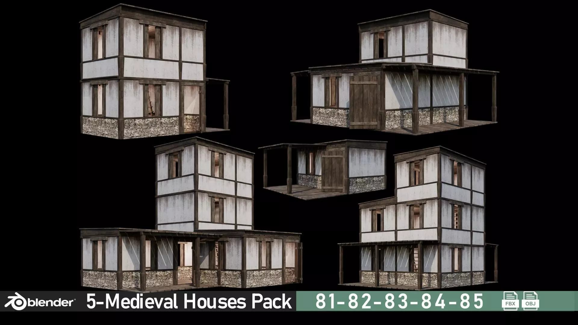 Medieval Houses Pack 81-82-83-84-85 - 4K Textures Game Ready Low-poly 3D model_0