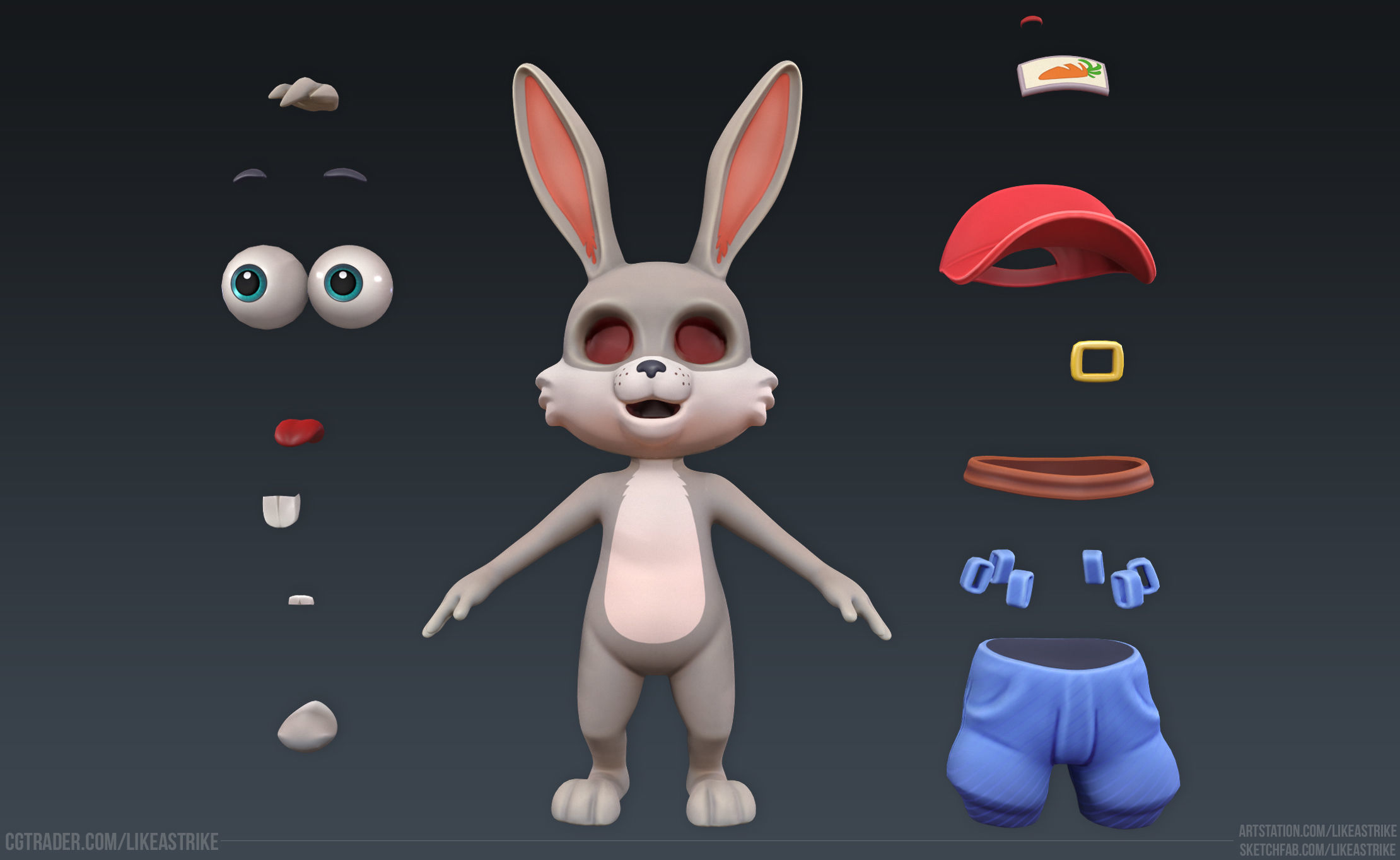 Bunny Modular  Rigged Animated Low-poly 3D model_5