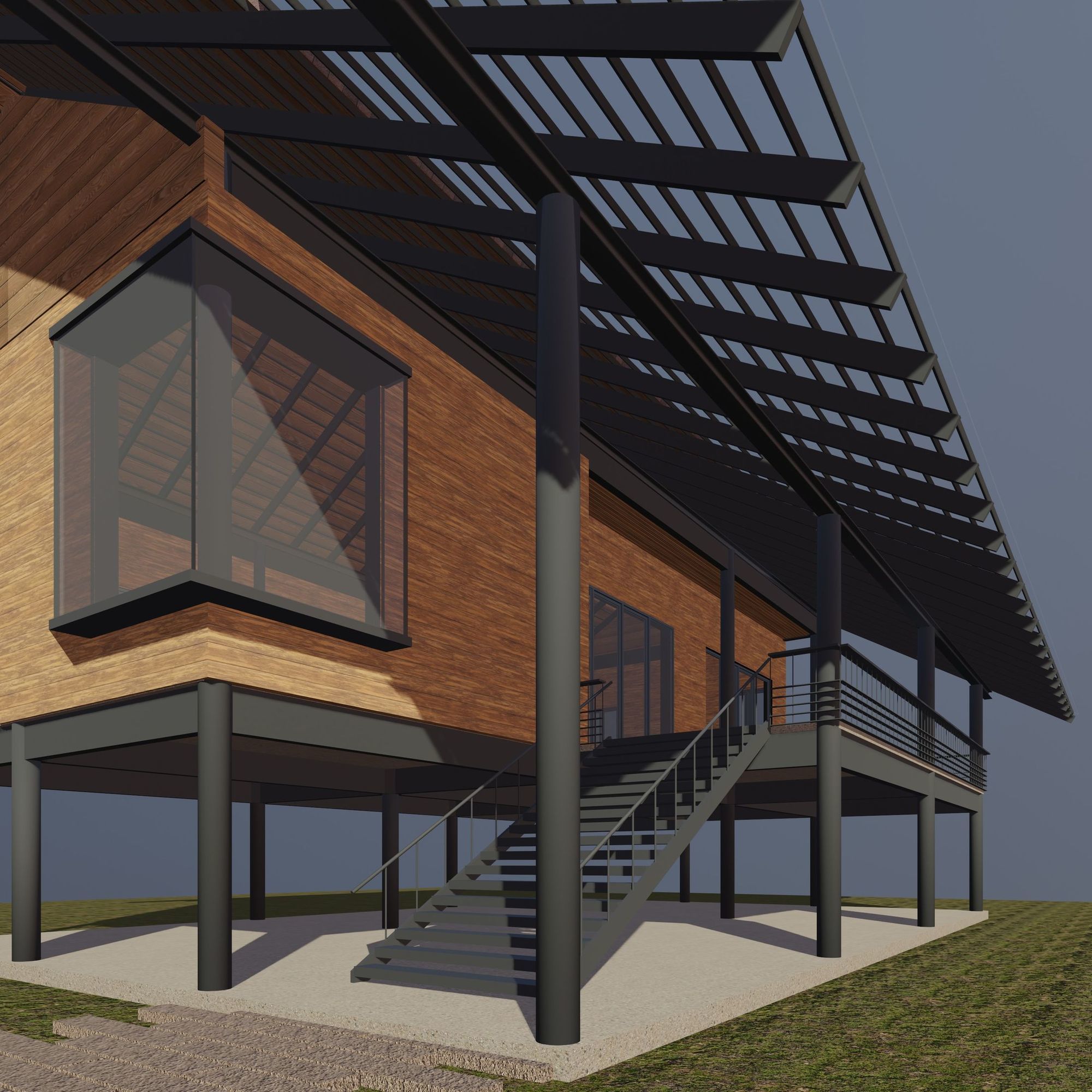 Tropical house with terrace 3D model_1