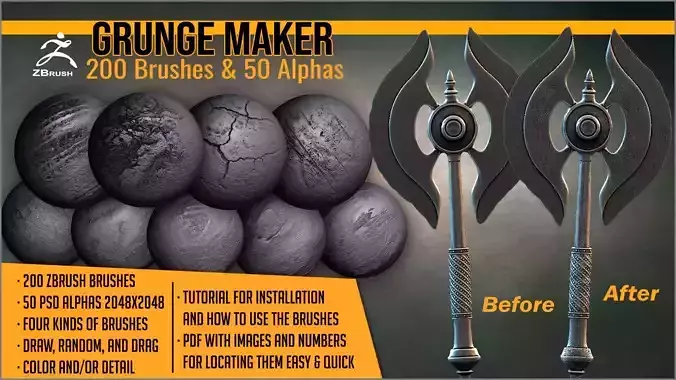 Grunge Maker 200 ZBrush Brushes and 50 Alphas
