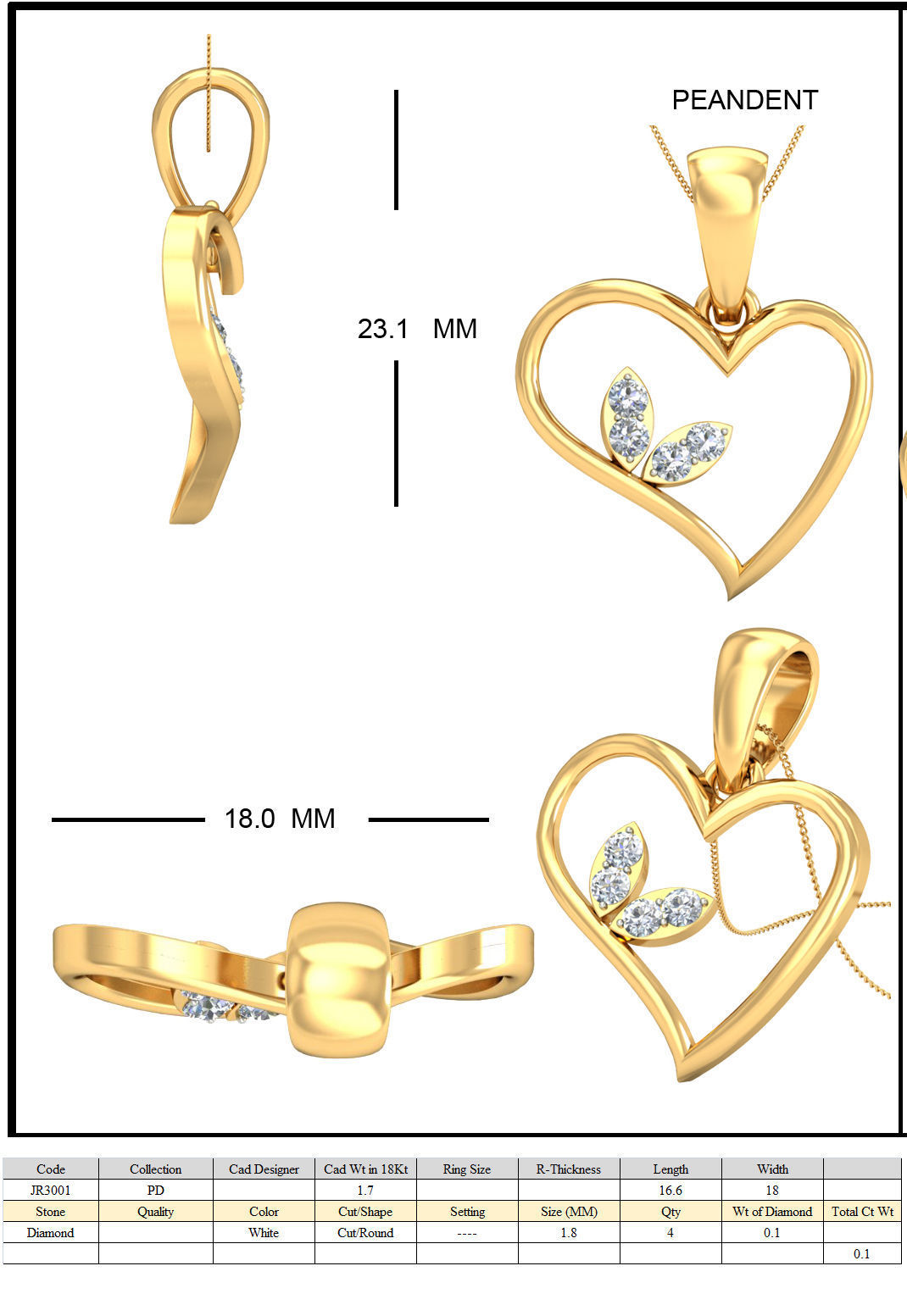 Light wt Heart Diamond Charms Pendant 3dm stl render Detail 3D print model_5