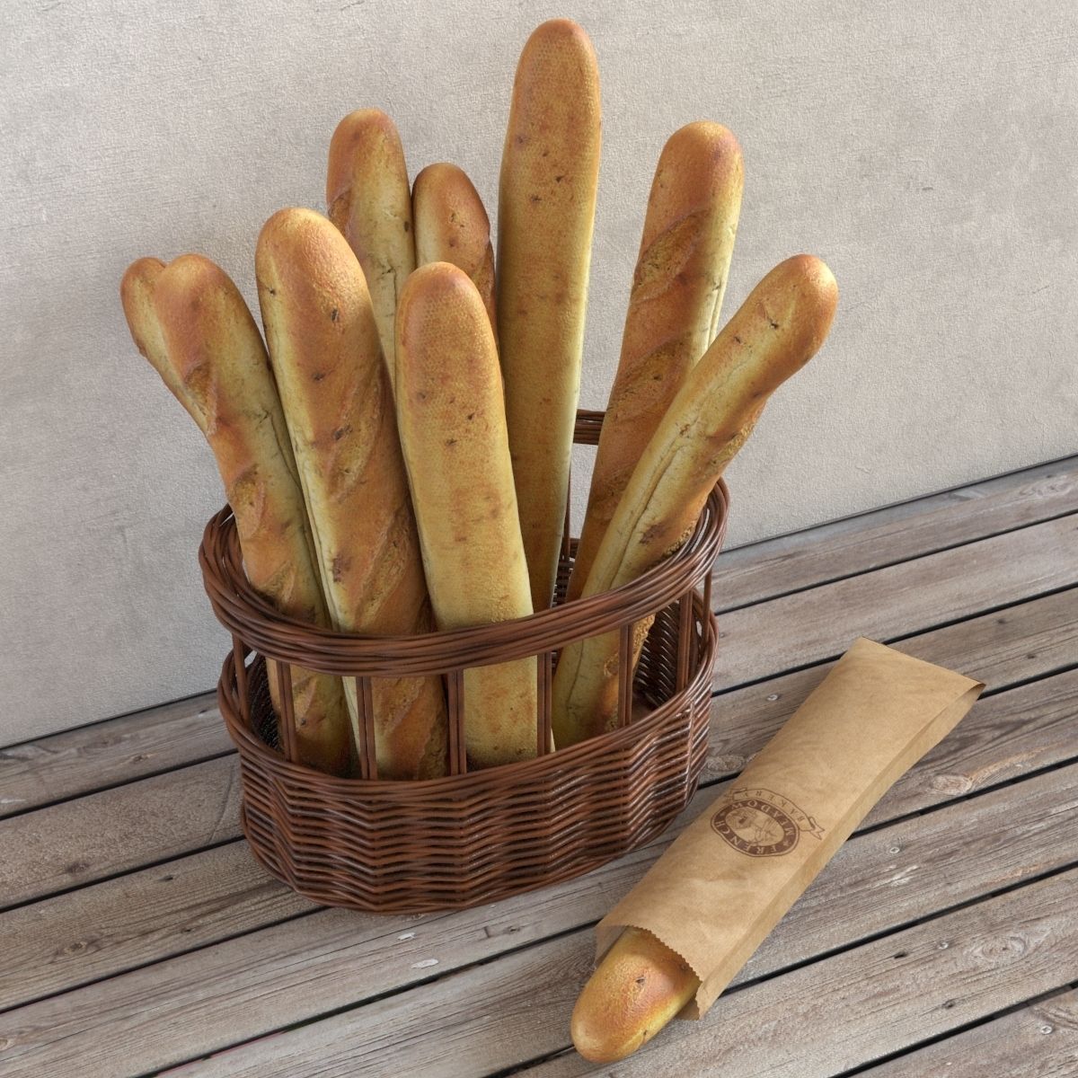 Basket with Baguettes 3D model_2