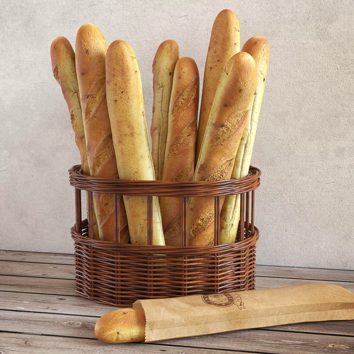 Basket with Baguettes 3D model_0