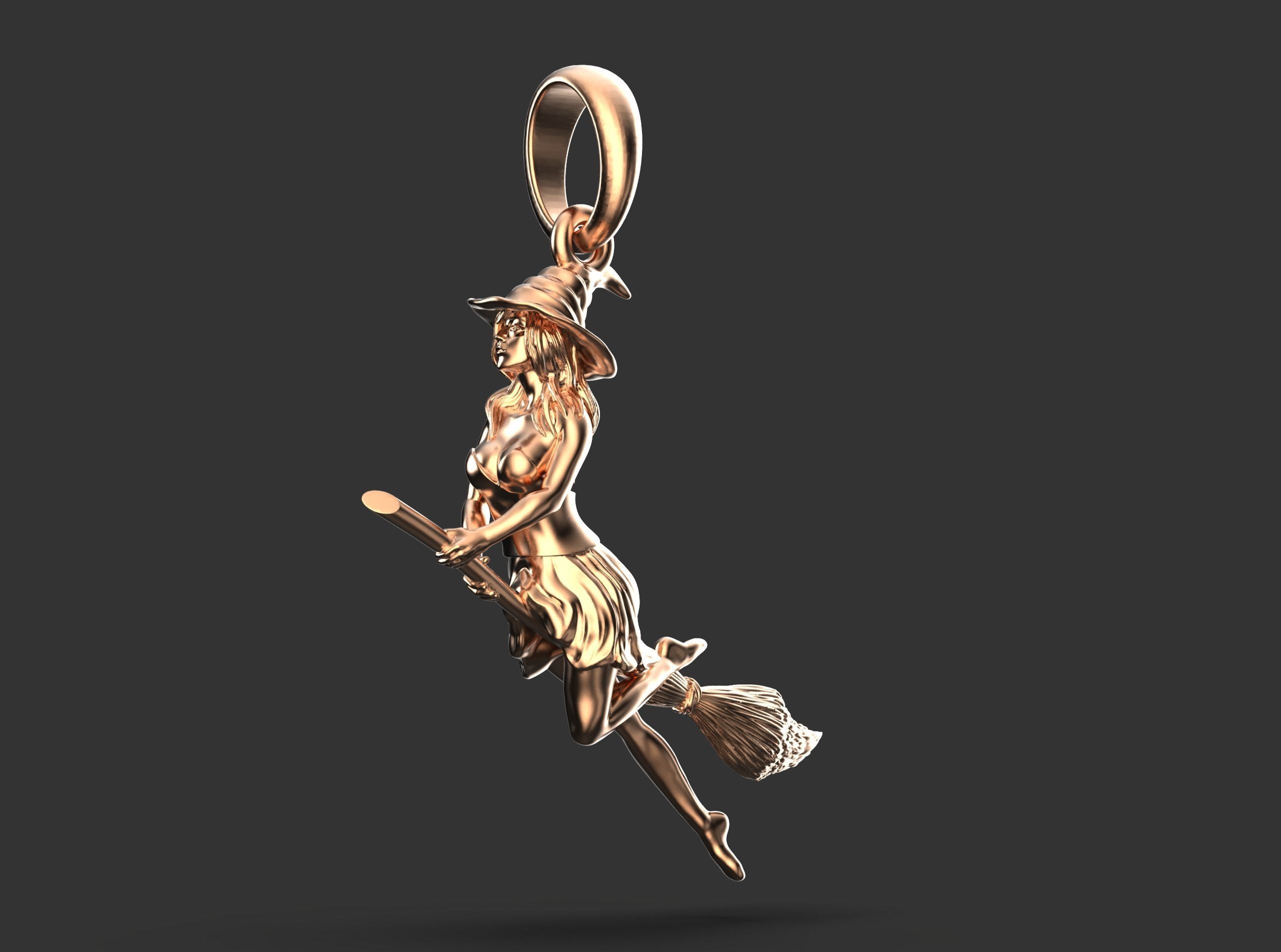 Magic Fly Woman on Broom Witch in a Hat Pendant 3D print model_4