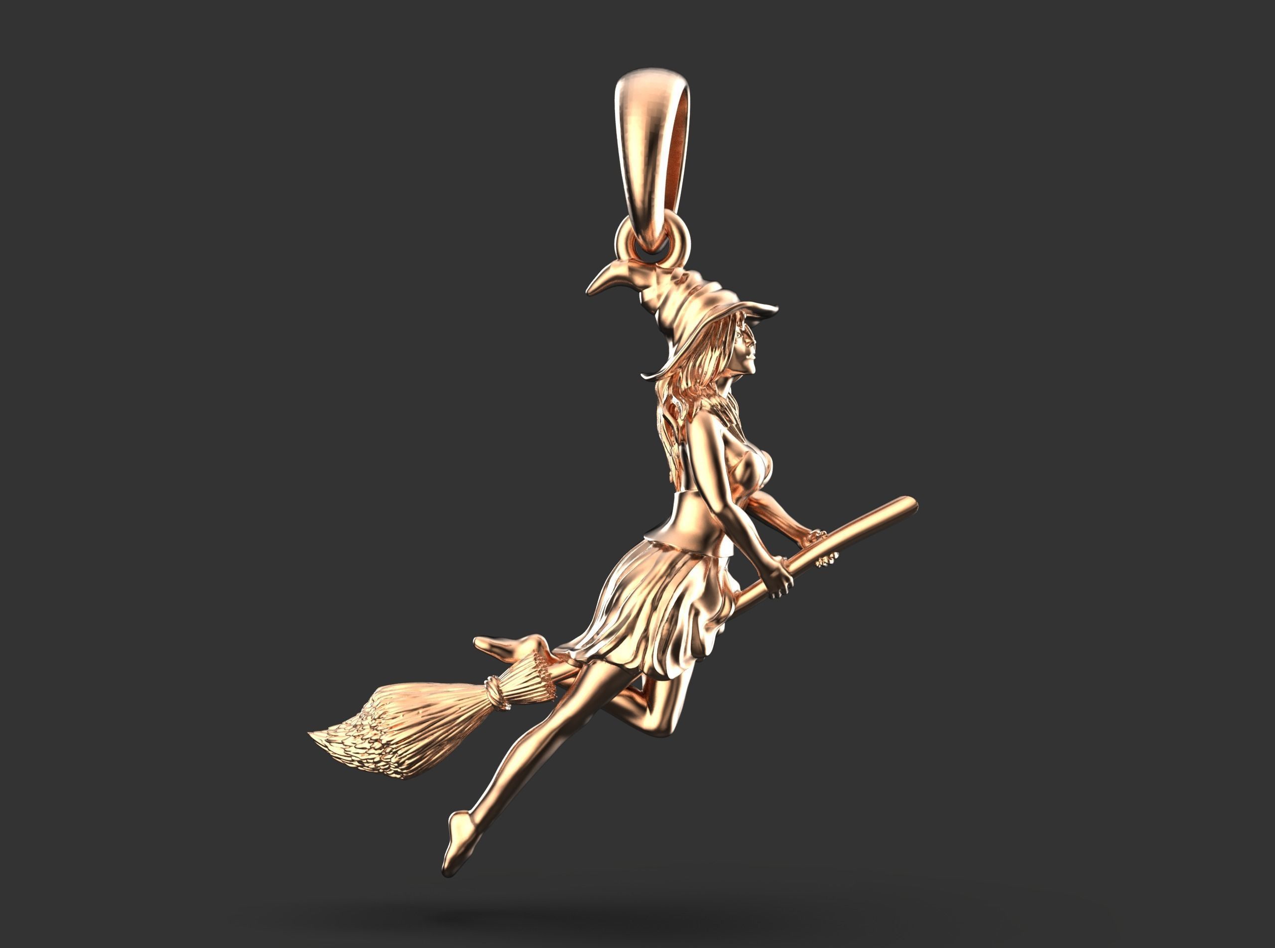 Magic Fly Woman on Broom Witch in a Hat Pendant 3D print model_5